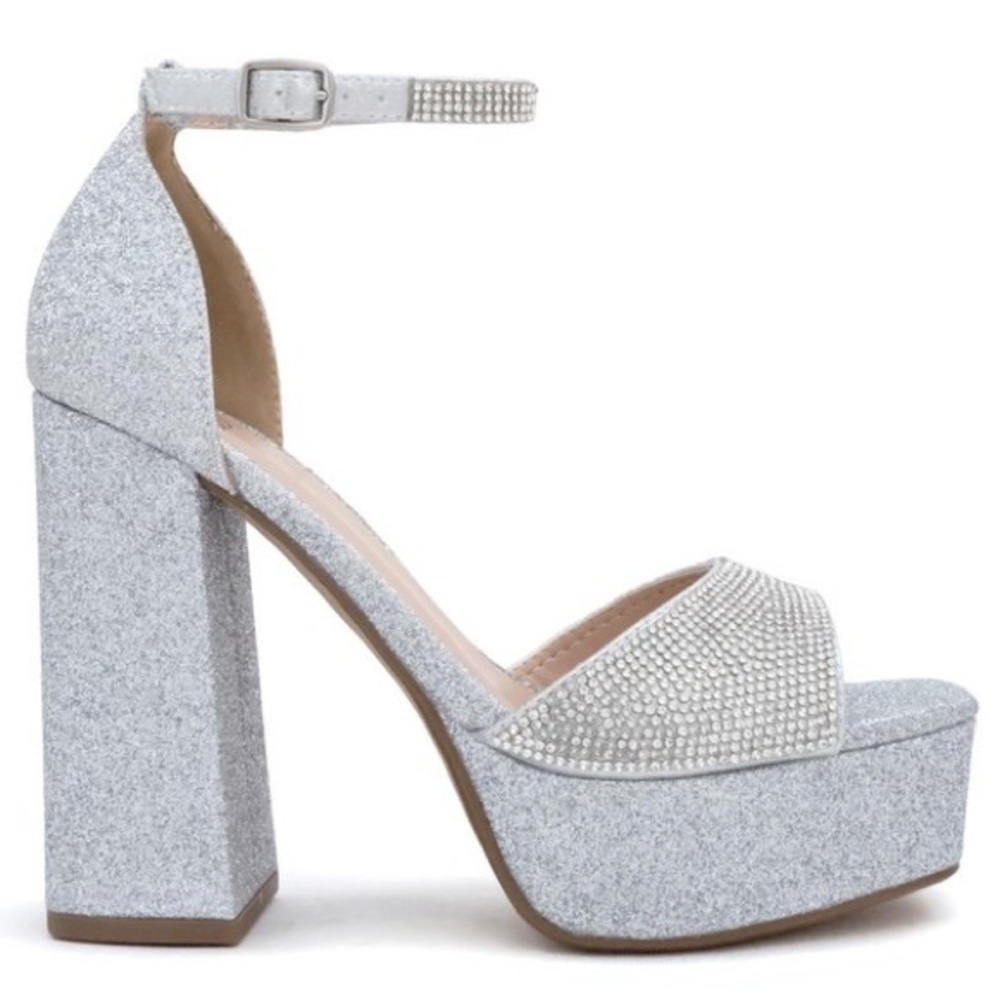 Delicious Aces Silver Metallic Glitter Rhinestone Embellished Ankle Strap Heel